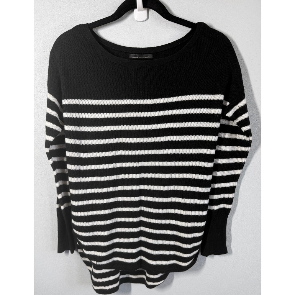 Banana Republic Merino Wool Blend Sweater Petite M Black White Stripe Preppy